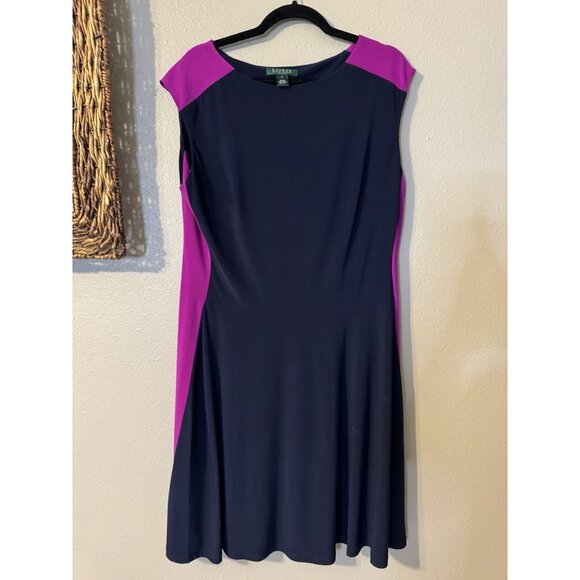 Ralph Lauren Dress 16 Magenta Sides Navy Blue Stretch Church Career Party - Picture 9 of 12